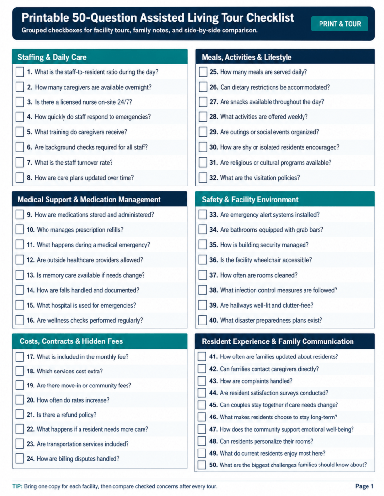 Printable 50-Question Assisted Living Tour Checklist